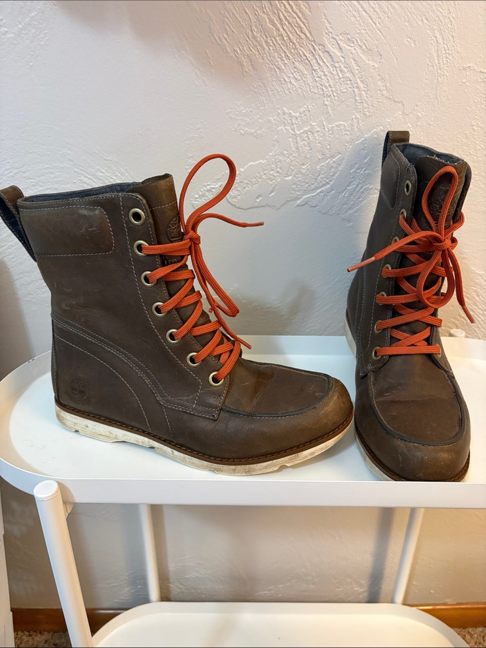 Timberland Brown Leather Lace-Up Boots with Orange Laces